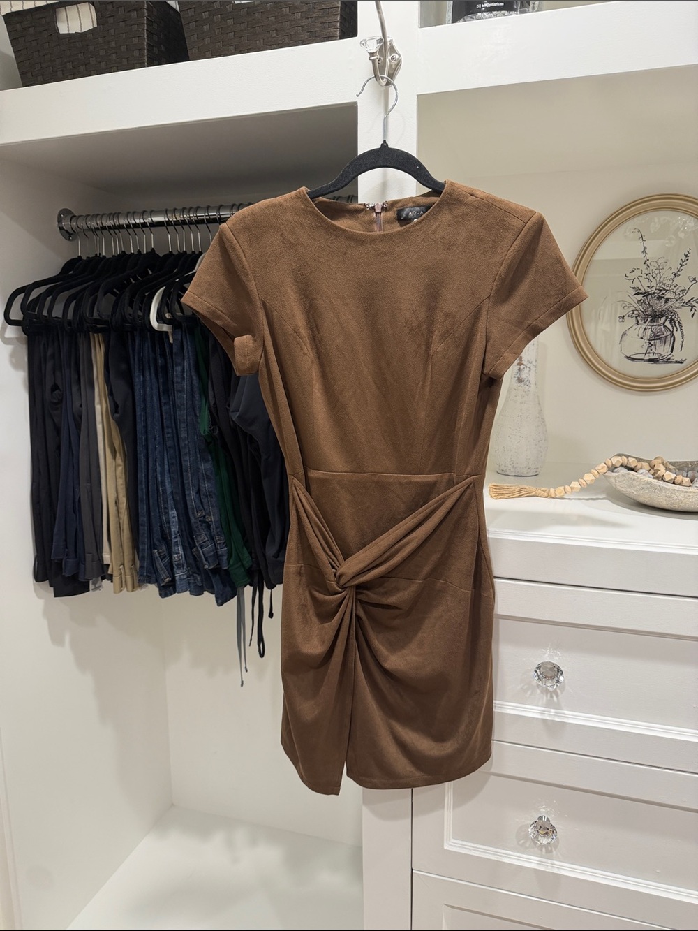 Aqua chocolate Brown Short Sleeve suede Mini Dress small